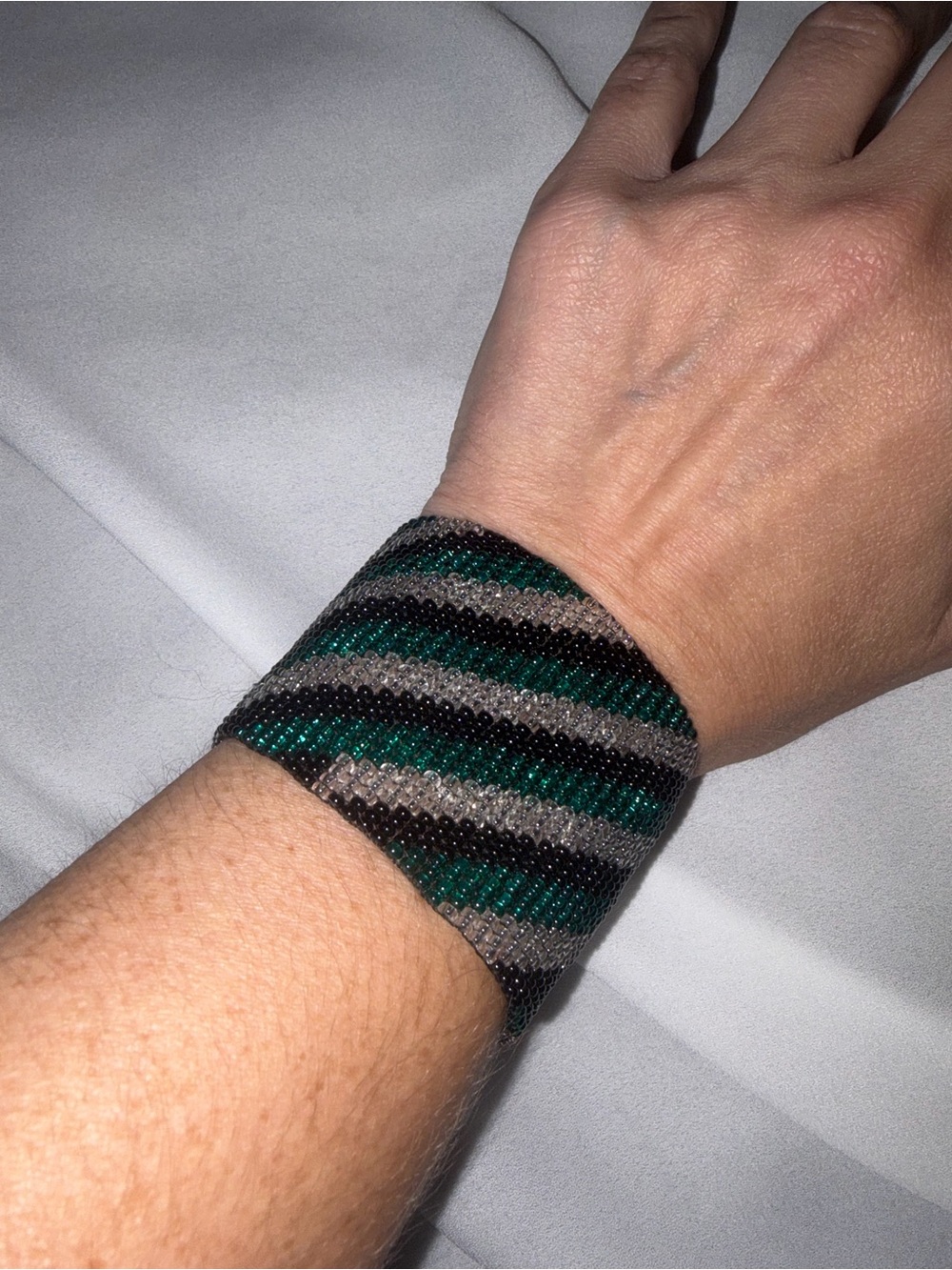 Wide Beaded Cuff Bracelet Green Black Silver Striped Y2K Statement Jewelry
